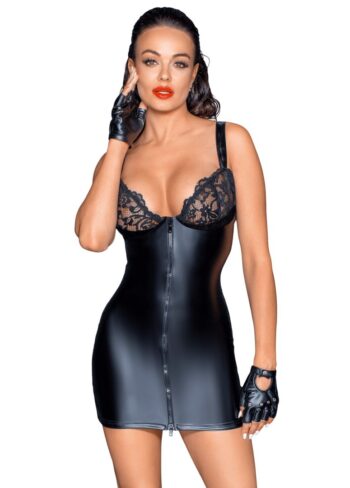F254 Mini-robe Powerwetlook avec poitrine en dentelle et fermeture éclair à 2 sens