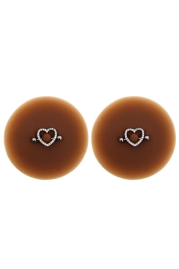 Paire de cache-tétons piercing barre coeur faux diamant peau foncée