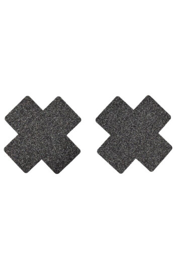 Paire de cache tétons adhésifs croix pailletée noir