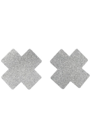 Paire de cache tétons adhésifs croix pailletée blanc