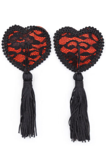 Paire de cache tétons adhésifs en forme de cœur avec dentelle noire et pompom