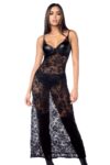 Robe longue sexy en dentelle cuir avec string et porte-jarretelles
