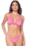 Ensemble sexy 2 pièces rose en dentelle délicate avec haut et string assorti