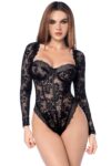 Body sexy manches longues en dentelle gothique et détails effet cuir