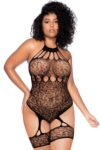 Body grande taille en résille léopard noir à tour de cou et jarretières intégrées - Mapalé