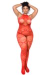 Bodystocking grande taille en résille rouge à motif cœur, orné de strass, ouvert à l’entrejambe - Mapalé