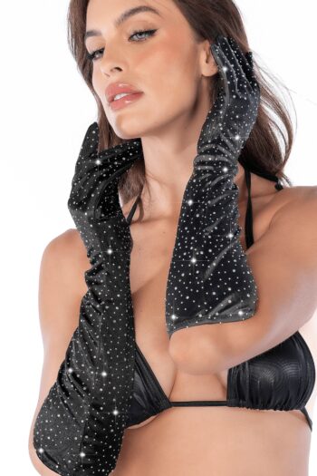 Une paire de gants satinés noirs avec strass - Mapalé